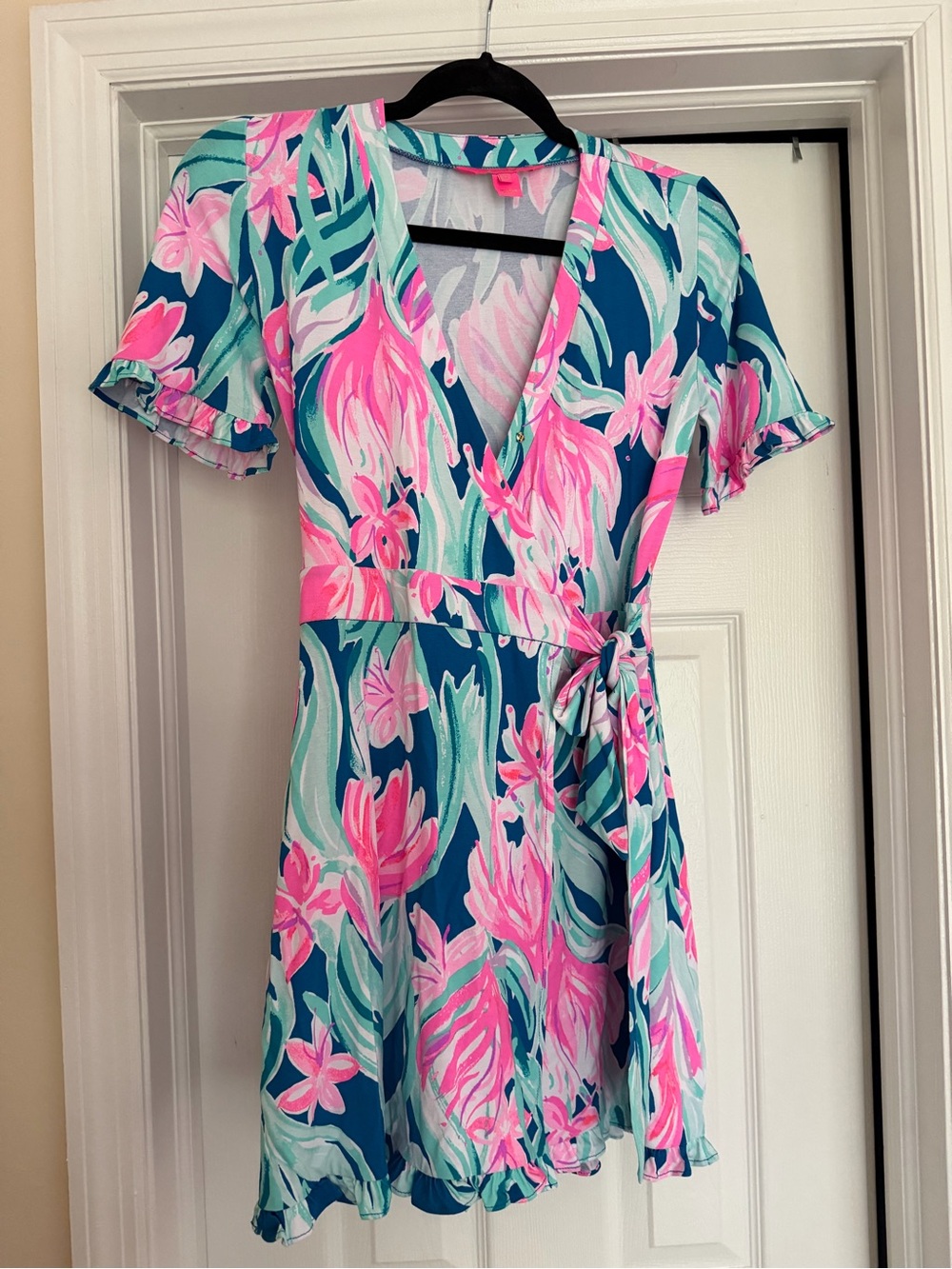 Floral Wrap One-Piece Dress in Teal and Pink